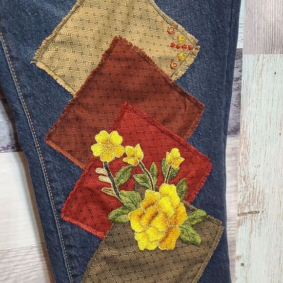 Upcycled Rust Gold Flowers Ruffle Beaded Lace Frayed BoHo Crop Jeans Sz 16 - Picture 7 of 13